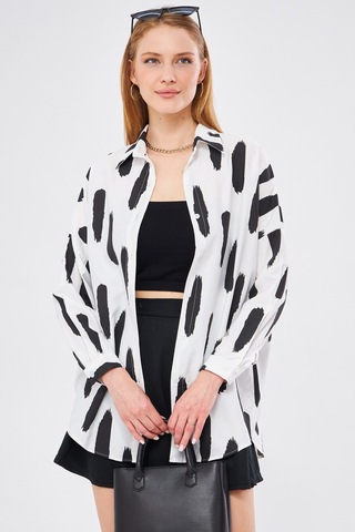 Armonika Kadın Siyah Fırça Desen Oversize Uzun Basic Gömlek Arm-22y001141