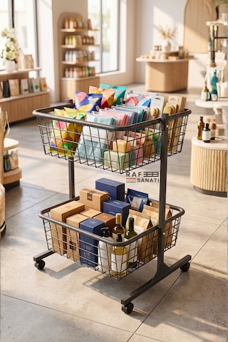 60x60 Cm Çift Katlı Tekerlekli Tel Havuz Sepet Market Mağaza Promosyon Ve Aksiyon Sepeti Antrasit