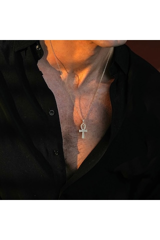 İpek Silver 925 Ayar Gümüş Zirkon Taşlı Ankh Unısex Kolye Gümüş