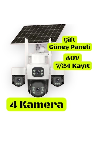 4 Kameralı Çift Panelli 4g Solar Kamera Aov 7/24 Kayıt