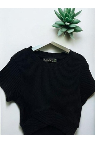 Zekids Kız Çocuk Fitilli Crop-14398 Siyah