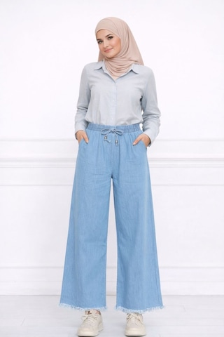 Hira Life Fashion Kadın Mavi Yazlık Paçası Püsküllü Ve Önü Bağcıklı Tesettür Giyim Yıkamalı Salaş Kot Pantalon Mavi Mavi
