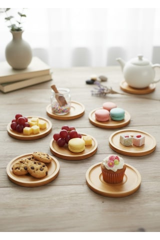 Bambu 6 Lı Çay Tabağı-bambu Ahşap 6'lı Çay Tabağı Ve Sunum Tabağı Açık Kahverengi