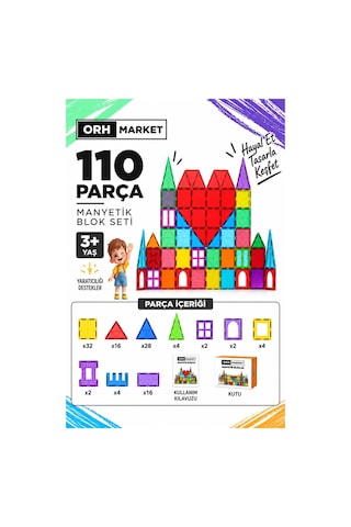 ORH Market 110 Parça 7.5 Cm Büyük Boy Manyetik Blok Seti Güçlü Mıknatıslı Zeka Geliştirici Eğitici Oyuncak