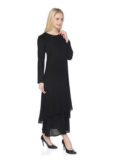 Uzun Kol Şile Bezi Nervürlü Uzun Elbise Siyah