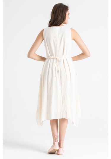 Kolsuz Şile Bezi Antik Nakışlı Midi Boy Elbise Krem Krm-krem