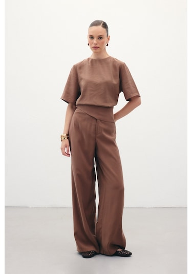 Sateen Kemer Detaylı Modal Pantolon - Kahve-136372 Kahve