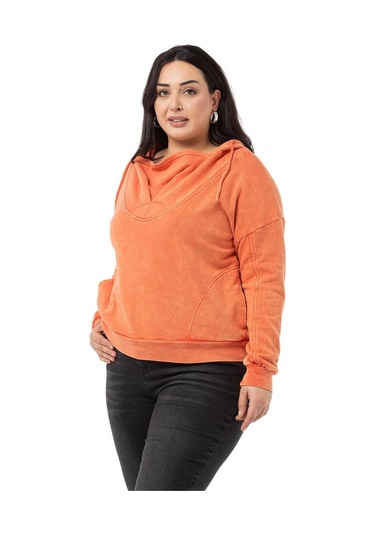Büyük Beden Degaje Kapüşonlu Yaka Cepli Parça Boyalı Üç İplik Turuncu Sweatshirt-turuncu Turuncu