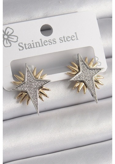 Pirinç Gold Gümüş Renk Zirkon Taşlı Kutup Yılıdız Model Kadın Küpe Çok Renkli