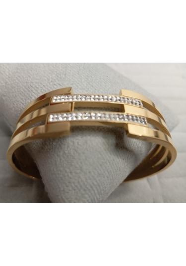 Üç Sıra Zirkon Taşlı Kelepçe Bileklik Gold