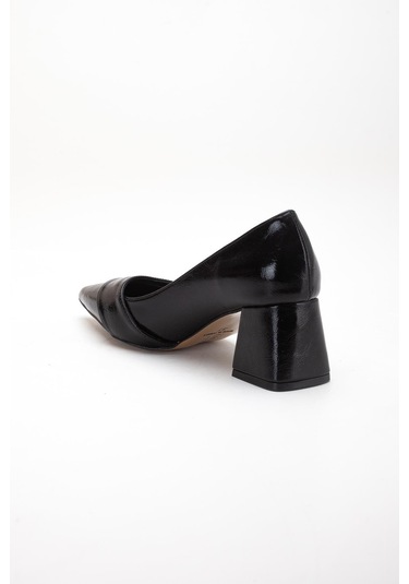 Siyah Büyük Beden Kadın Topuklu Ayakkabı Rugan Kalın Topuklu Sivri Burun -4298 Siyah