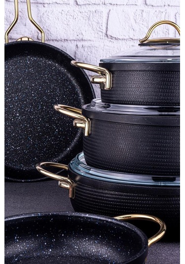 Bambum Node - 8 Parça Tencere Seti Siyah Siyah - Altın