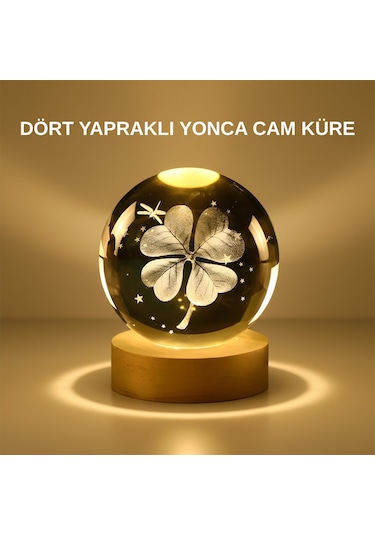 Dekoratif Yonca Görünümlü Işıklı Kristal Cam Küre Usb Masa Gece Lambası Standart