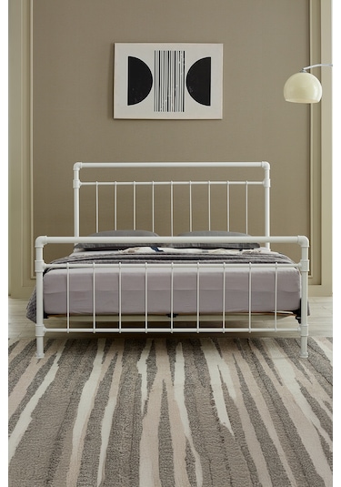 Odin Çift Kişilik Metal Karyola-beyaz Ahşap Latalı