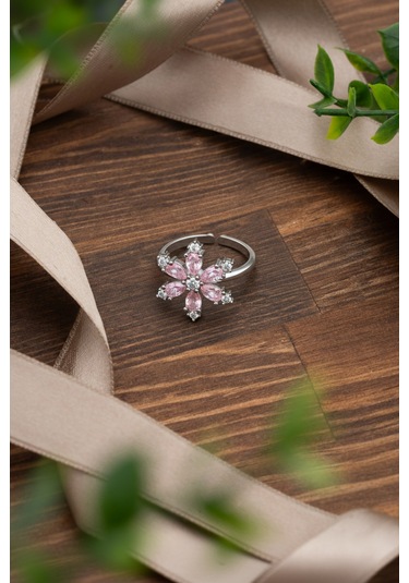 925 Ayar Pembe Taşlı Rodyum Lotus Çiçeği Ayarlanabilir Gümüş Yüzük Rr10025 Gümüş