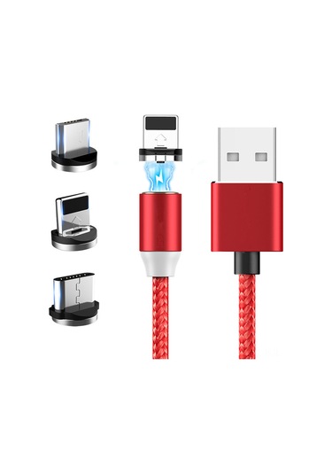 Gajeena 2m Kırmızı Usb Şarj Kablosu, 3-in-1 Manyetik Bağlantı Micro Usb, Type-c, Lightning , Hızlı Şarj, Led Gösterge, Dürtüye Dayanıklı Nilon Kablo