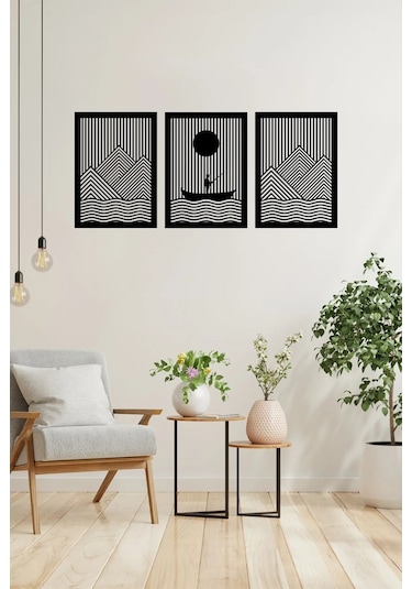 3'lü Balıkçı Ve Dağ Temalı Ahşap Duvar Tablosu - Mdf, 25x35 Cm Toplam 35x90 Cm