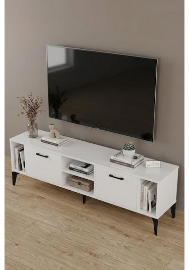 Tv Sehpası 160 Cm Modern Çok Amaçlı Dolaplı Raflı Televizyon Ünitesi Linya Beyaz