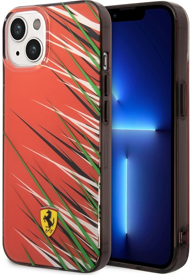 İphone Uyumlu 14 Kılıf Ferrari Lisanslı Baskı Logolu Çimen Desenli Kapak Kırmızı