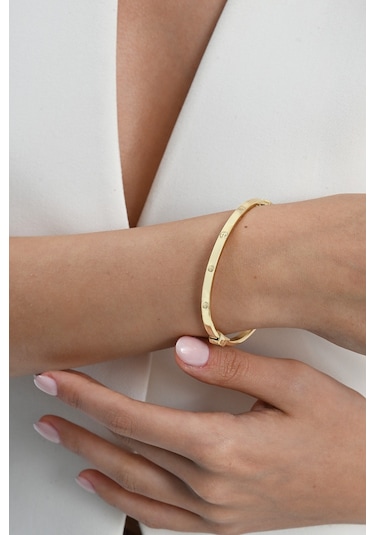925 Ayar Gümüş Altın Yaldızlı Çivi Deseni Bilezik Barcode Rose Gold - Gümüş