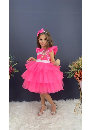 Barbie Taçlı Kız Çocuk Doğum Günü Parti Elbisesi Pembe