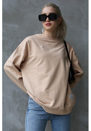 Madmext Bej Basic Oversize Kadın Sweatshirt Mg1686 Bej