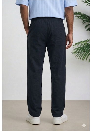 Tarz Cool Erkek Yazlık Keten Karışımı Relaxed Pantolon Siyah