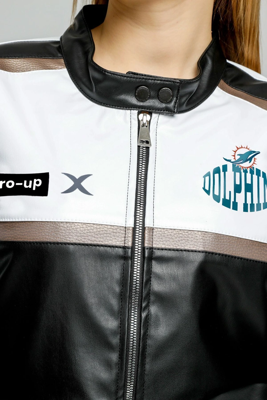 Kadın Oversize Baskılı Deri Şeritli Motorcu Montu Kısa Fermuarlı Yarışçı Ceketi Bomber Kolej Mont Gri