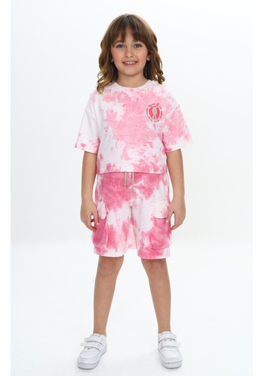 Toontoy Kız Çocuk Batikli Tavşan Baskılı Şortlu Takım Gülkurusu