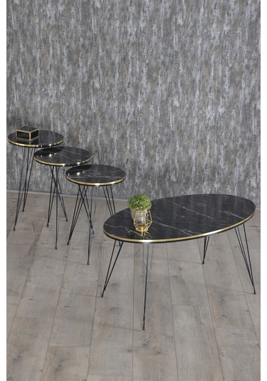 Zigon Sehpa Ve Orta Sehpa Elips Siyah Tel Ayak Çift Altın Bendir