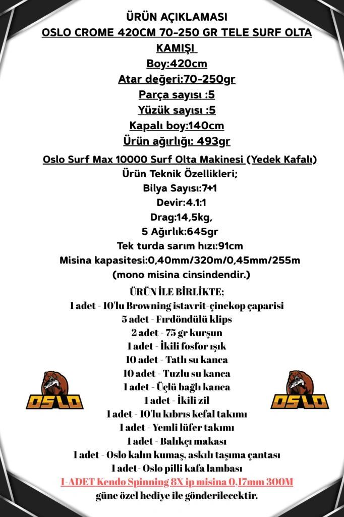 Oslo Surf Max 10000 Oslo Crome Surf 420cm 70-250gr Profesyonel Surf Olta Seti Standart