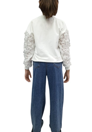Kız Çocuk Tül Kollu Gül Detaylı Sweatshirt Ve Bol Paça Kot Pantolon Takımı Beyaz