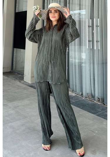 Kadın Koyu Yeşil Uzun Tunik Gömlek & Beli Lastikli, Bol Paça Pantolon - Salaş Bürümcük Takım Petrol