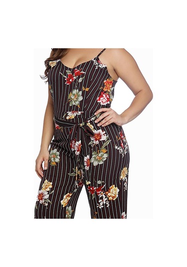 Suntek Bayan Çizgili Spagetti Kayışı Tulum Kolsuz Uzun Siyah