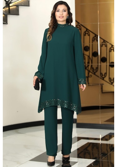 Umay Şifon Tunik Pantolon İkili Tesettür Takım Zümrüt Zümrüt