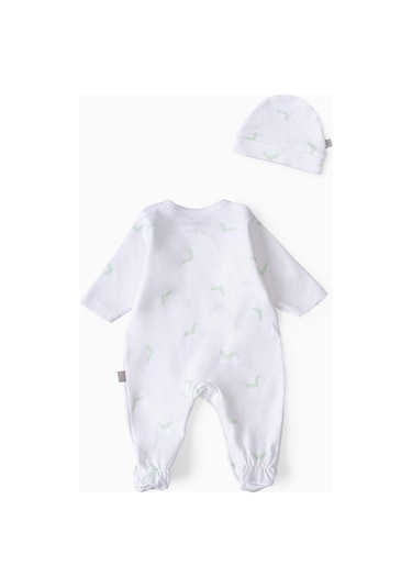 Boumini Bebek Patikli Tulum Şapka Set Beyaz Yeşil Tik-yeşil Tik Yeşil