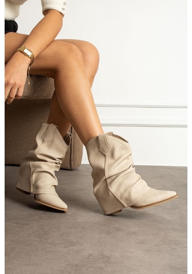 Shoetek Livinya Kadın Kovboy Bot Körüklü Mat Bej Deri Bej Cilt