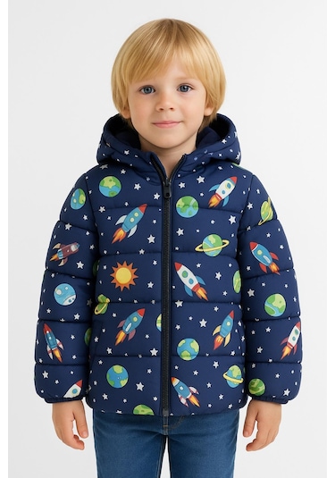 Erkek Çocuk Polarlı Kapüşonlu Ufo Desenli Kışlık Şişme Mont & Kaban & Parka Siyah