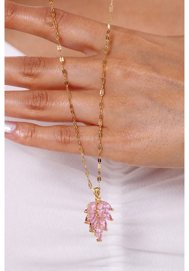 Kadın Çelik Pembe Zirkon Taşlı Lotus Çiçeği Kolye