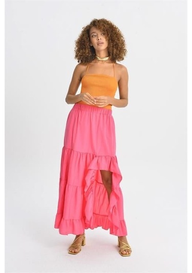 Audrey Fıfrlı Yırtmaç Detay Etek 4037 Fuşya