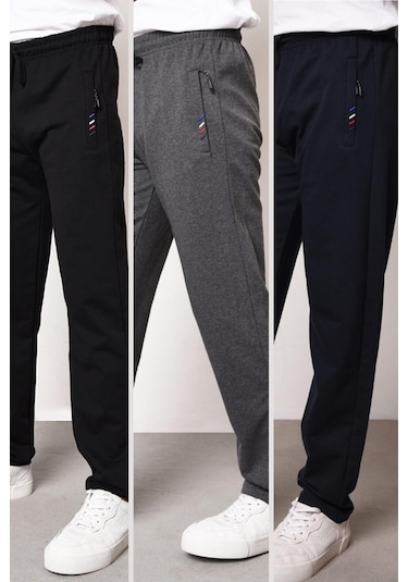 MMetalic Siyah-Antrasit-Lacivert Erkek Fermuar Cep Nakış Detaylı Düz Paça Rahat Kesim 3'lü Eşofman Altı Paketi