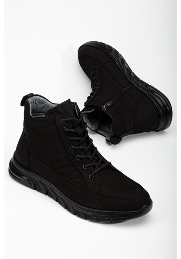 Hakiki Deri Nubuk Erkek Bot Siyah Elastik Bağcıklı Yan Baskılı-3474 Siyah