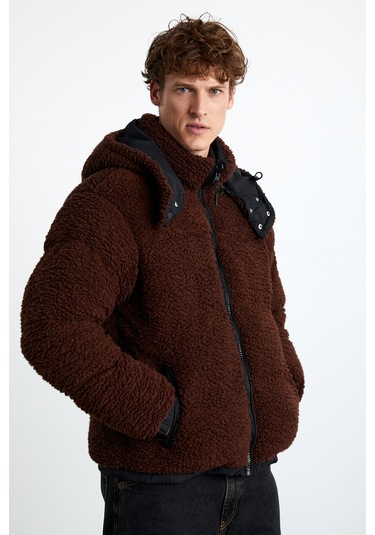 Vancuover Erkek Peluş Kumaşlı Çok Kalın Şişme Dış Giyim Casual Kahverengi Mont