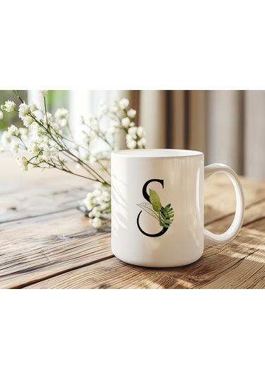 S Harf Zarif Yaprak Desenli Kupa Bardak - Naturel Sade Alfabe Harfli Bardak - Kişiye Özel Hediye Beyaz
