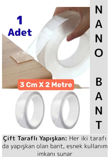 Ultra Güçlü Esnek Kesilebilir Kolay Kullanım Estetik Çift Taraflı Nano Şeffaf Bant 3 Cm X 2 Metre