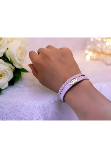 Archin Cansu İsmine Özel Doğal Mor Derili Taç Figürlü 14 Ayar Altın Plakalı Hediye Bileklik-637isim Cansu