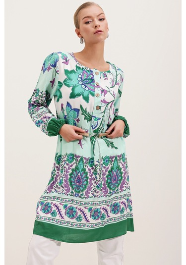 5902 Kemerli Desenli Elbise - Yeşil 001