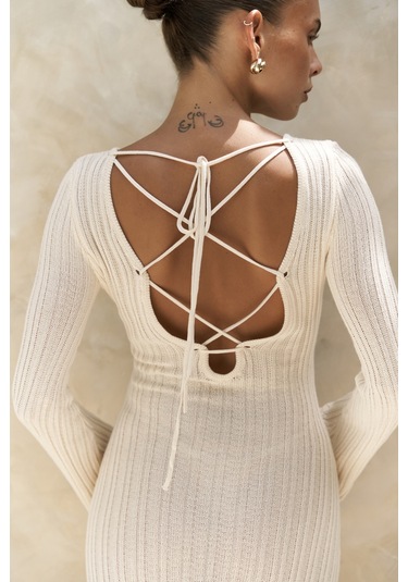 Matias Sırt Dekolteli Ekru Triko Uzun Elbise Ekru