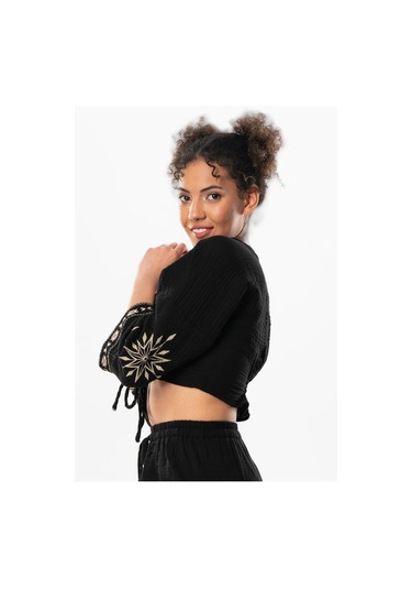 Uzun Kol Günışığı Büzgü Detaylı Yazlık Müslin Bluz Siyah Syh-siyah Siyah