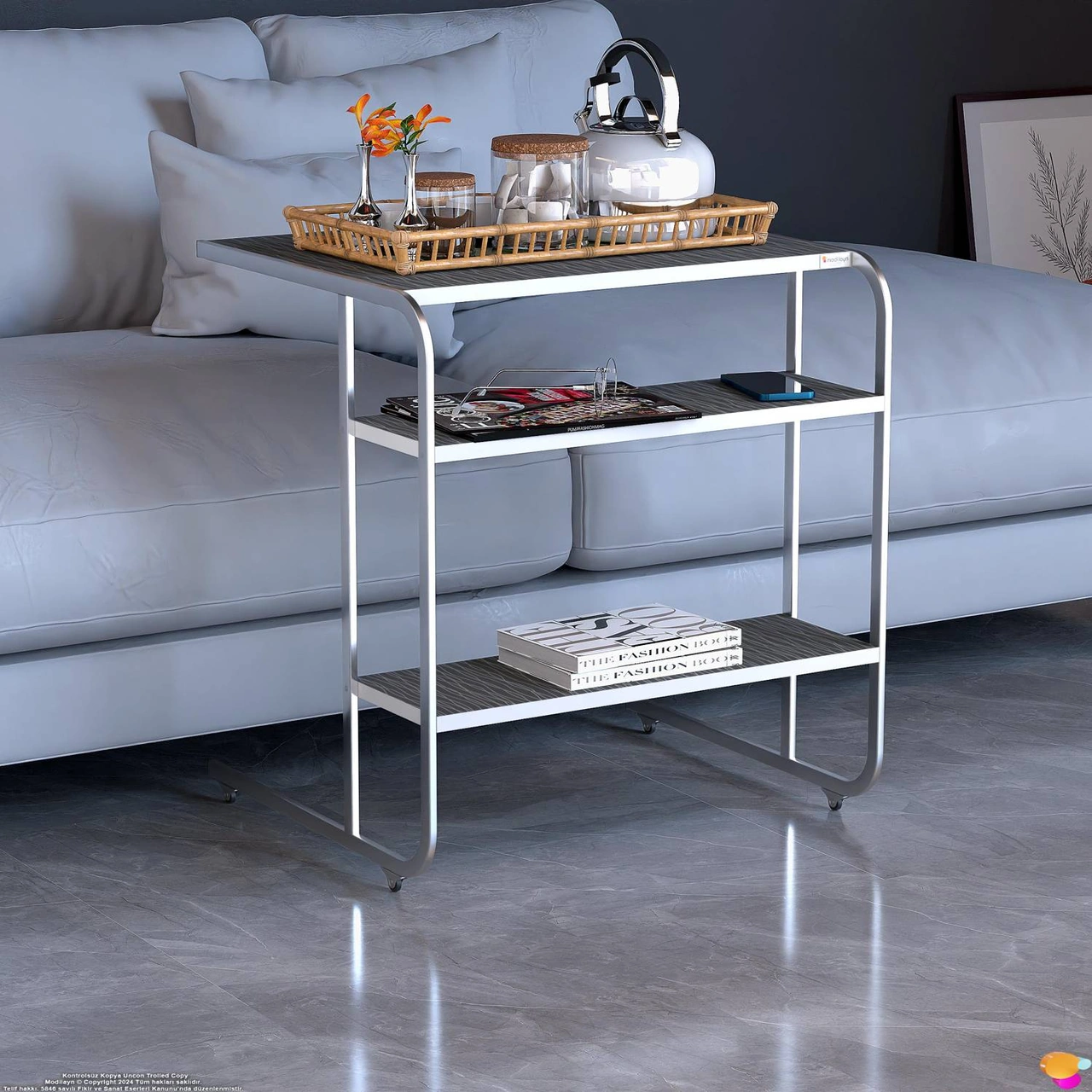 Modilayn C Yan Sehpa Geniş Boy Tekerlekli Çalışma, Atıştırmalık, Yemek, Laptop Sehpası Siyah Çizgili Siyah